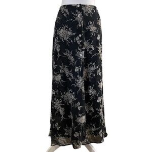 Biya Rated R Johnny Was Vintage 90s Black Floral Silk Button Front Maxi Skirt